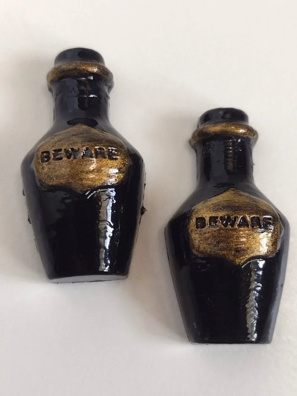2 Black & Gold Gothic Halloween Beware Apothecary Bottles, Beware, Flat-back